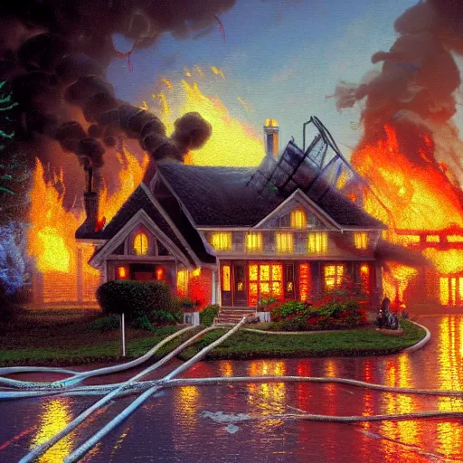 Prompt: Firefighters responding to a house fire, painted by Thomas Kinkade, 4k, hyper detailed.