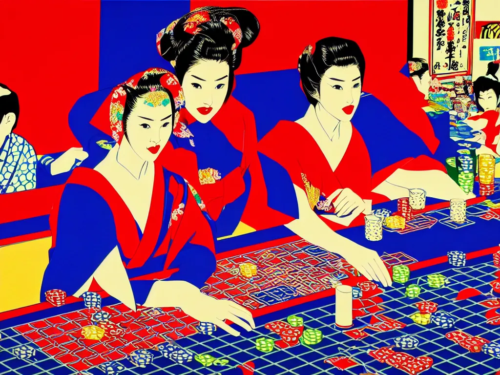 Image similar to hyperrealism composition of the detailed woman in a japanese kimono sitting at a poker table with superman, fireworks on the background, pop - art style, andy warhol style, acrylic on canvas