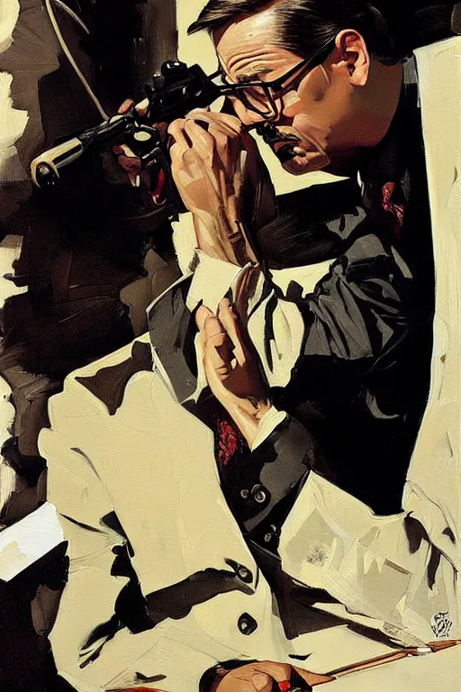 Image similar to vince gilligan painting by jc leyendecker!! phil hale!, angular, brush strokes, painterly, vintage, crisp