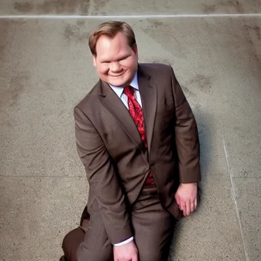 Image similar to Andy Richter is wearing a chocolate brown suit and necktie. Andy is lying flat on a concrete ground. Ariel view.