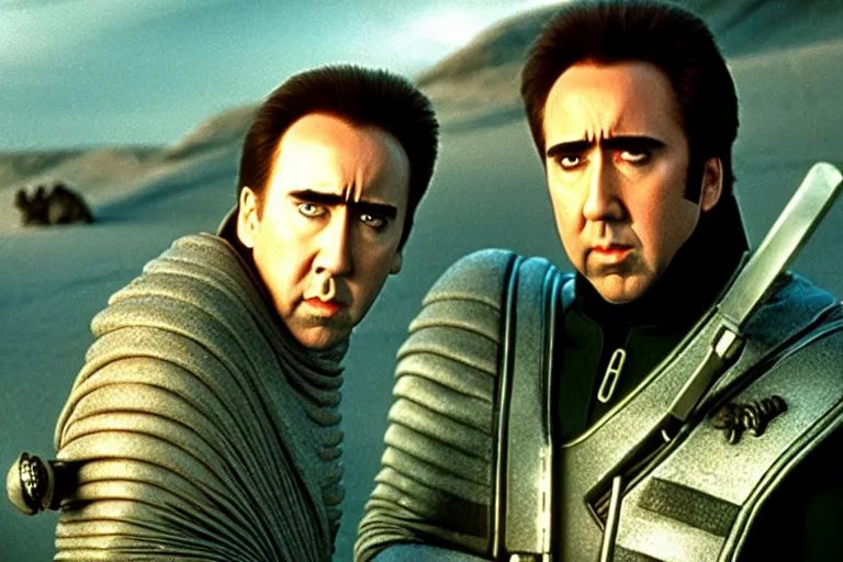 Image similar to Nicolas cage in dune high resolution still film