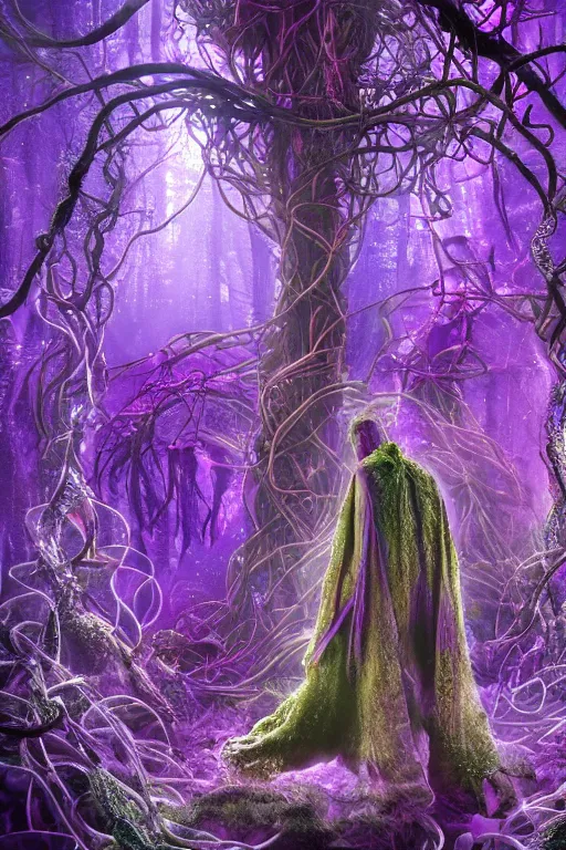 Image similar to mysterious Shaman of the Purple Forest, neon light blue cloak, mycelium, fungi, vines, symmetrical features, illusion, magical realism, ultradetailed, volumetric lighting, 4k UHD, film poster.