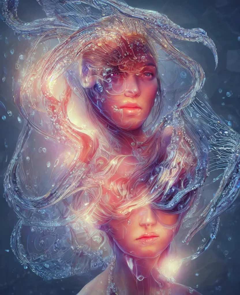 Image similar to close-up macro portrait of the face of a beautiful princess, epic angle and pose, symmetrical artwork, 3d with depth of field, blurred background, cybernetic jellyfish female face skull phoenix bird, translucent, nautilus, energy flows of water and fire. a highly detailed epic cinematic concept art CG render. made in Maya, Blender and Photoshop, octane render, excellent composition, cinematic dystopian brutalist atmosphere, dynamic dramatic cinematic lighting, aesthetic, very inspirational, arthouse. y Greg Rutkowski, Ilya Kuvshinov, WLOP, Stanley Artgerm Lau, Ruan Jia and Fenghua Zhong