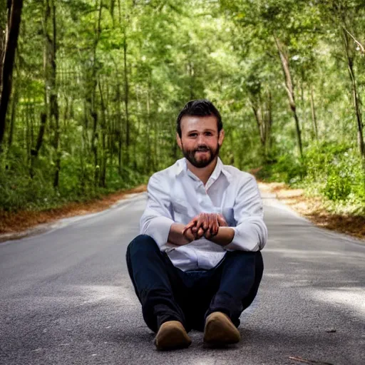 Image similar to A man sitting on a beautiful road in a forest with Nutmeg trees lined up on the side of the road with his back to the camera, professional photography