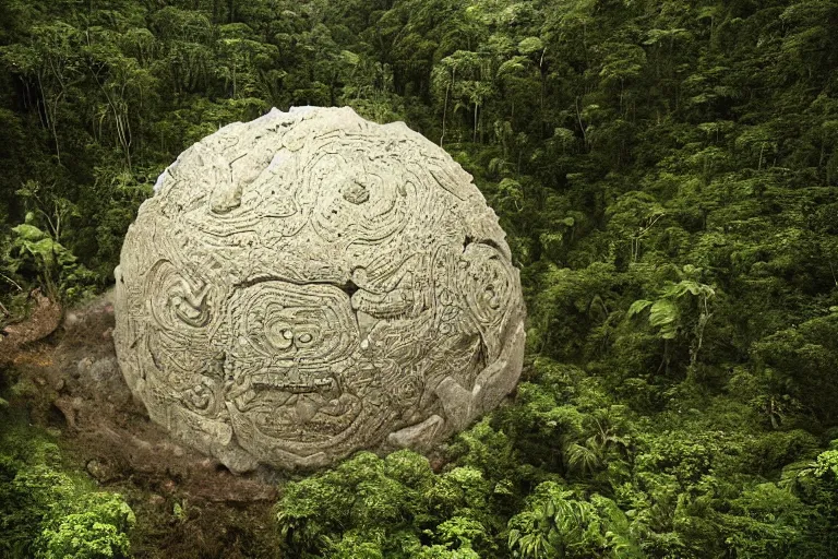 Image similar to photograph of a gigantic paleolothic sphere made of stone with highly detailed carvings of intricate shamanic robotic electronics and circuits, in a rain forest, inside a valley overlooking the amazon, by michal karcz, amazonian vista