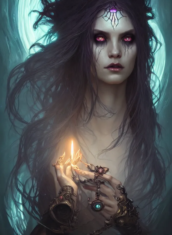 Image similar to Necromancer Sorceress face in center, fantasy magic, undercut hairstyle, dark light night, intricate, elegant, sharp focus, illustration, highly detailed, digital painting, concept art, matte, art by WLOP and Artgerm and Greg Rutkowski and Alphonse Mucha, masterpiece