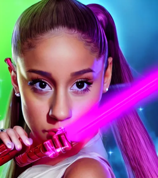 Image similar to A hyper realistic photo of Ariana Grande in the Star Wars universe with two pink lightsabers held in each hand. Maximum detail on artstation, photo realism, vivd details, vivd colour, volumetric lighting