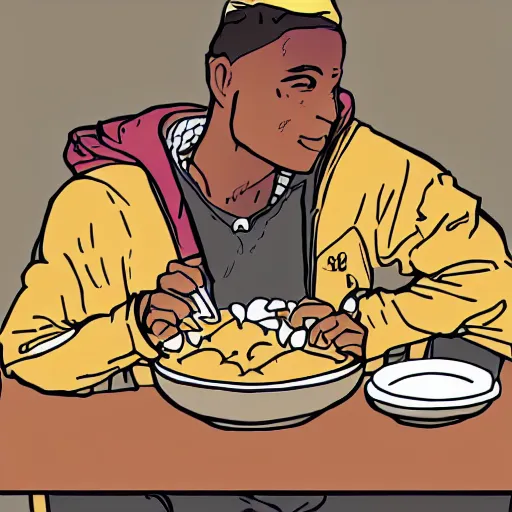 Image similar to digital art of among us sus crewmate eating cereals