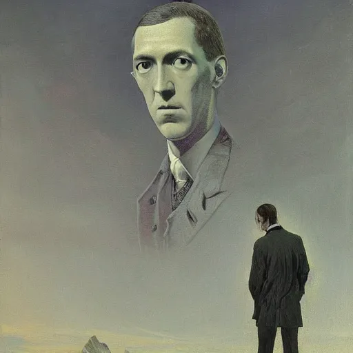 Image similar to H.P. Lovecraft, painting by Caspar David Friedrich, oil, high detail, trending on artstation