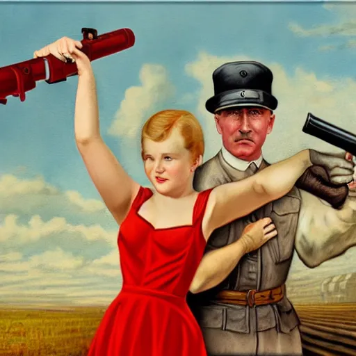 Prompt: back to back picture of a farm boy holding a red gun pointing at adolf hitler who is wearing a woman's dress, realism, 4 k, award winning photograph