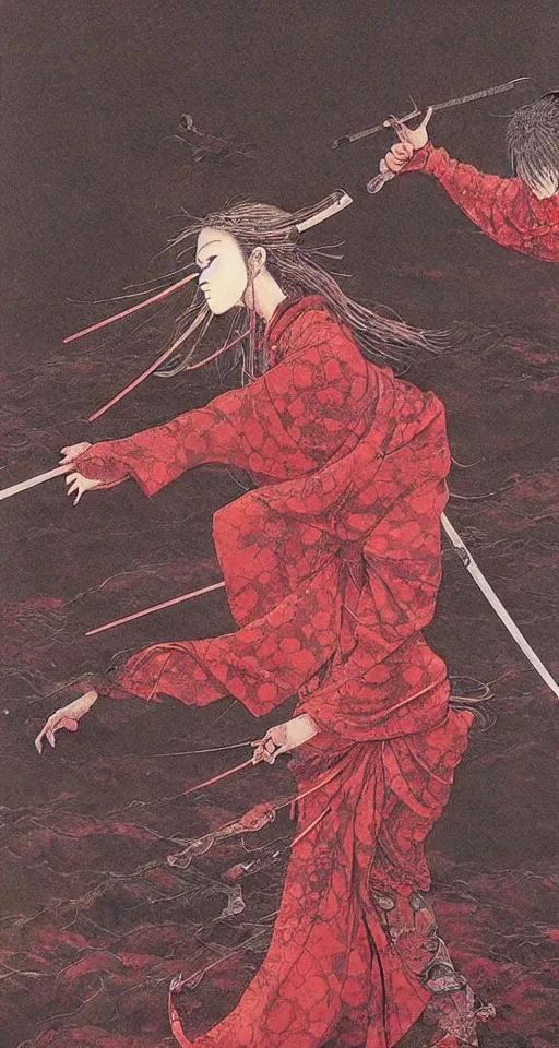 Image similar to Japanese schoolgirl runs away from Samurai with a katana on the subway, high detailed Beksinski painting, part by Adrian Ghenie and Gerhard Richter. art by Takato Yamamoto. masterpiece, deep colours, red