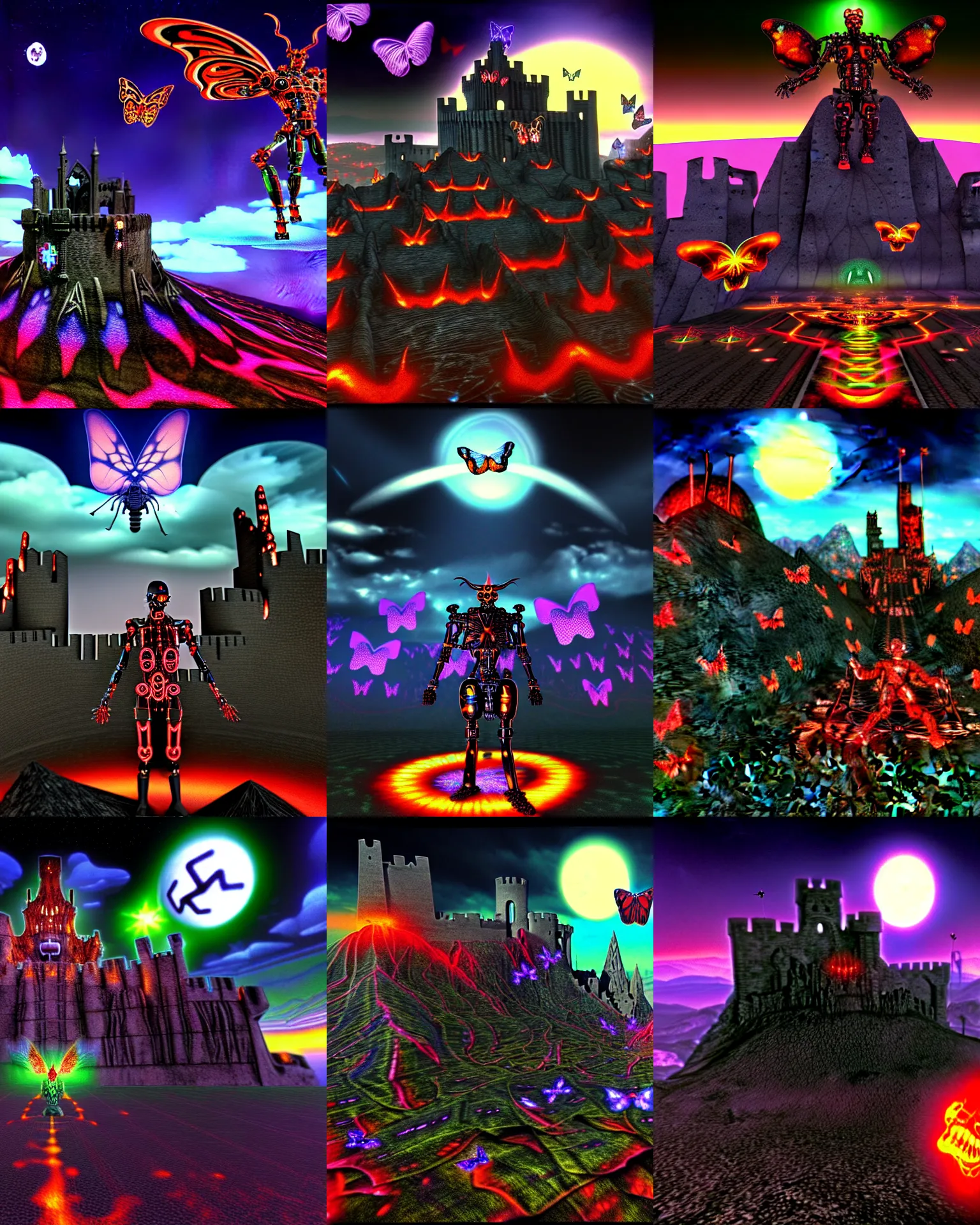 Prompt: early 3 d cgi render of cyborg demon hell baron standing in cybernetic mountain landscape with castle ruins against a psychedelic surreal background with 3 d butterflies and 3 d flowers n the style of 1 9 9 0's cg graphics against the cloudy night sky, twisted metal playstation graphics, 3 do magazine, wide shot