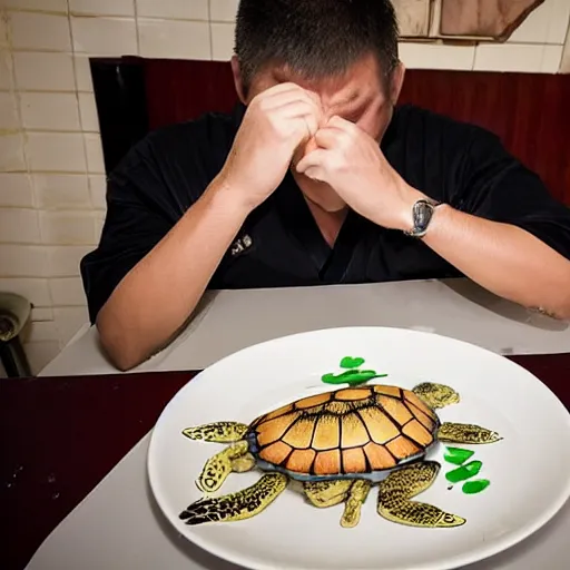 Prompt: a middle - aged turtle that is an expert in martial arts working as a waiter in a restaurant apologizing to angry customers for spilling their food