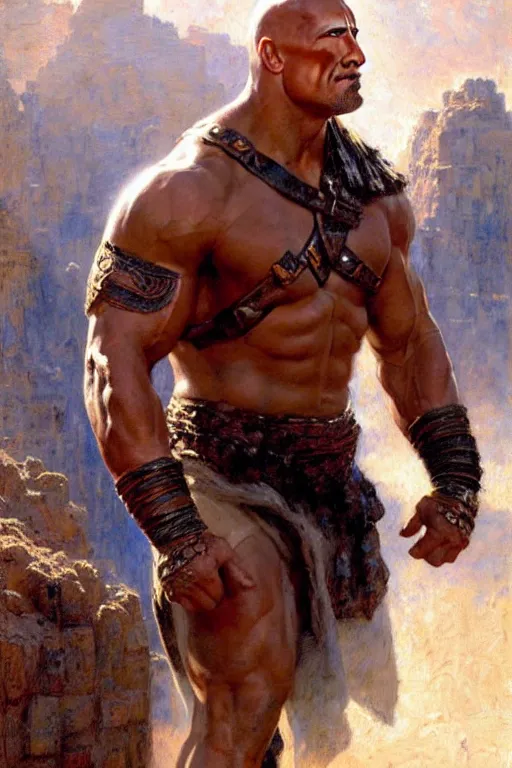 Image similar to Dwayne Johnson as gladiator, muscular, detailed face, correct face, painting by Gaston Bussiere, Craig Mullins