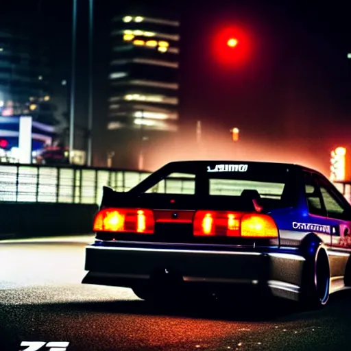 Image similar to a car JZX100 twin turbo drift at illegal car meet, Shibuya prefecture, city midnight mist lights, cinematic lighting, photorealistic, highly detailed wheels, high detail