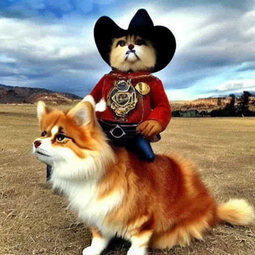 Prompt: siberian cat in a cowboy hat riding a corgi, wild west, sunset. no dude, for real, i want a siberian felis catus wearing a cowboy hat, riding a corgi canis. i dont want any cat hybrids, dogs ruding dogs or girls!!!!