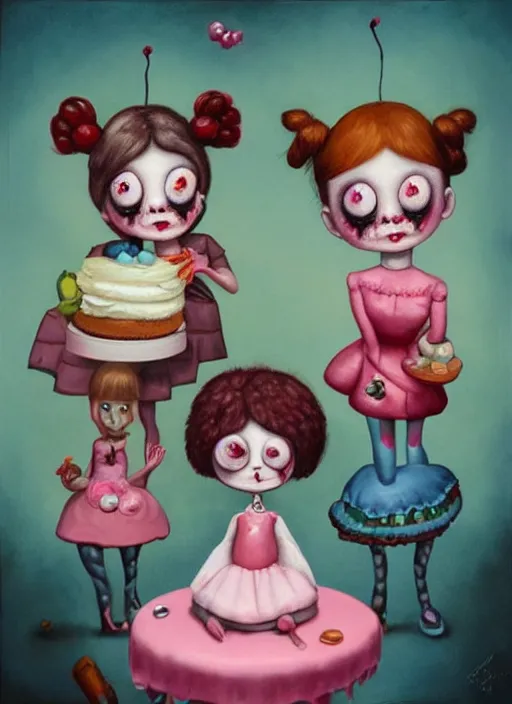 Image similar to fnafs eating cakes painted by mark ryden, detailed digital art, trending on Artstation