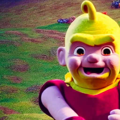 Prompt: kratos in teletubbies, from the new movie teletubbies, directed by peter jackson, bokeh, hyperrealism