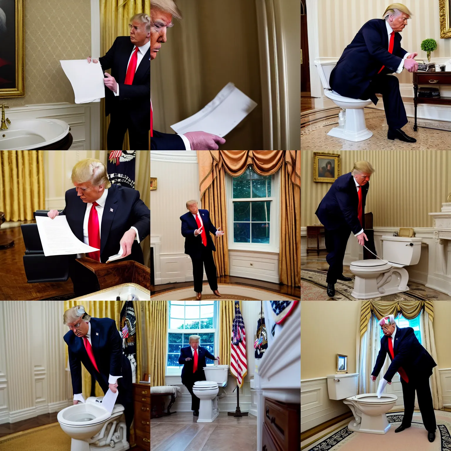 Prompt: Donald Trump attempting to flush official papers down a toilet at the white house, lavish surroundings, 4k, high quality photograph