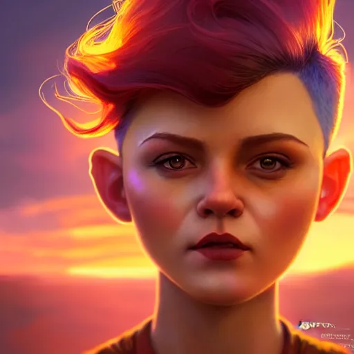 Prompt: a Photorealistic dramatic hyperrealistic gnome woman, pixie undercut hair, by WLOP,Artgerm,Greg Rutkowski,Alphonse Mucha, Beautiful dynamic dramatic bright sunset lighting,shadows,cinematic atmosphere,Artstation,concept design art,Octane render,8k