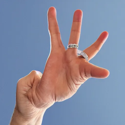 Prompt: a normal male hand with a five-finger ring and a joint between the middle and index fingers