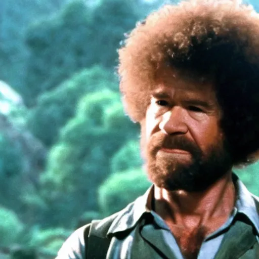 Image similar to A still of Bob Ross as Rambo in Rambo First Blood (1982), cinematic shot, dramatic lighting