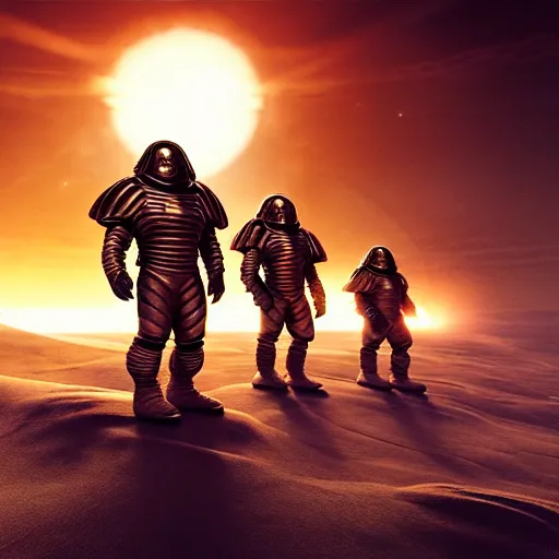 Image similar to sardaukar dwarves on Arrakis, full contact epic training fully armed, photorealistic hight detail HDR cinematic scene from the Dune movie by denis villeneuve