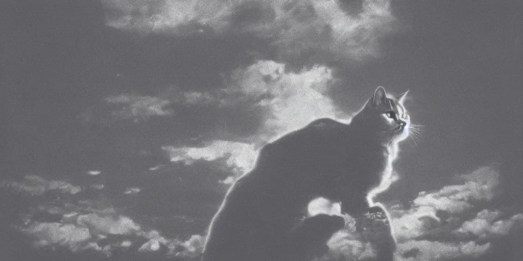 Prompt: vintage analog photograph of a cat in a spacesuit during the first moon landing, with gigantic clouds visible in the sky, heavy film grain, neon lights, rain red color bleed, rich azure tones