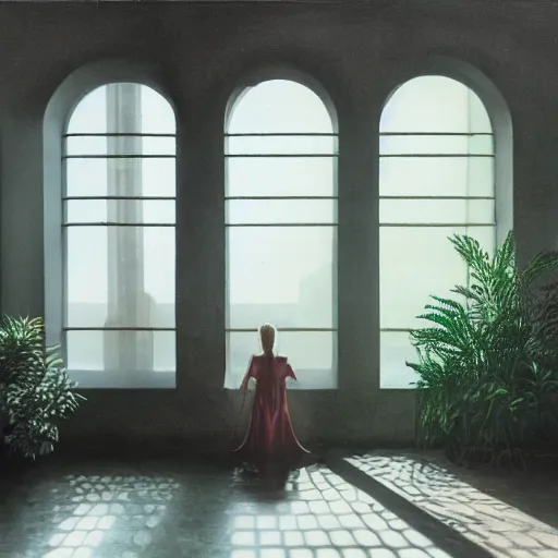 Image similar to 70s interior with arched windows, natural sunlight, summer, hanging plants, cinematic, cyberpunk, lofi, calming, dramatic, fantasy, by zdzisław beksiński, Fantasy LUT, high contrast, epic composition, sci-fi, dreamlike, surreal, angelic, cinematic, 8k, unreal engine, hyper realistic, fantasy concept art,