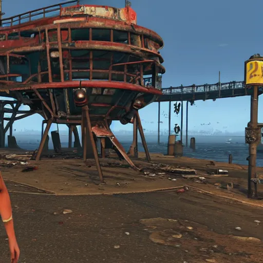 Prompt: Santa Monica Pier in ruins post-nuclear war in Fallout 4, in game screenshot