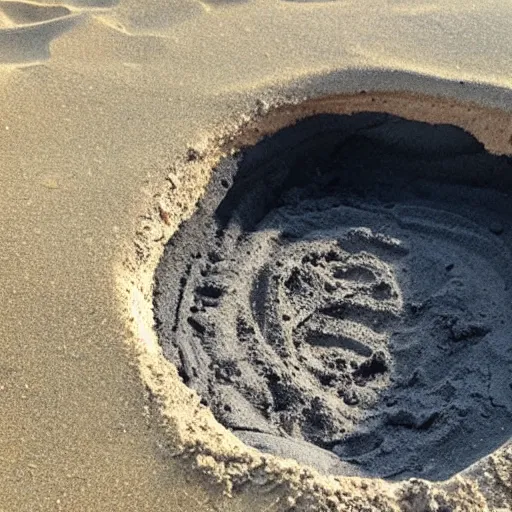 Image similar to deep dark hole on a sandy mississippi beach that has a few snakes crawling out of it, no trees no palm trees, no rocks.