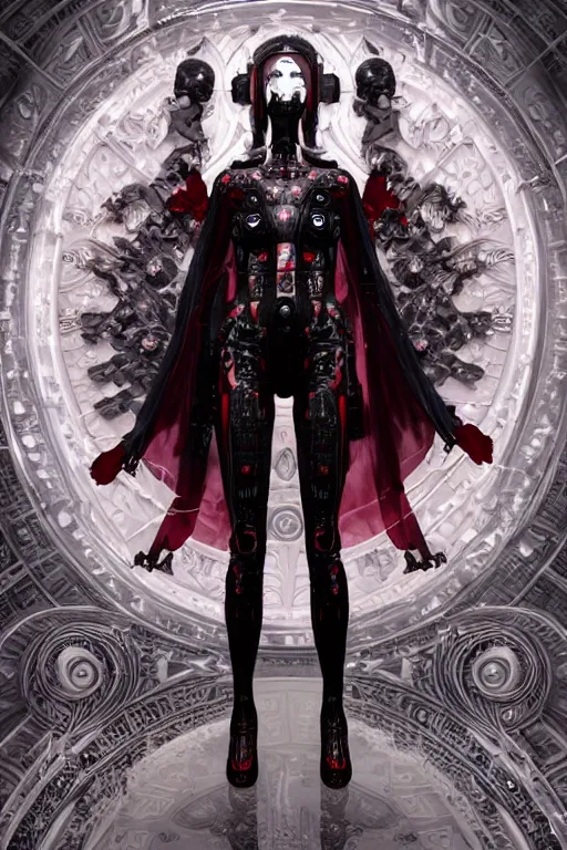 Prompt: full-body cyberpunk style sculpture of a young beautiful dark priestess, half android with a head opening exposing circuitry, glowing red eyes, black roses, flowing blood red colored silk, fabric, candles. baroque elements, human skull. full-length view. baroque element. intricate artwork by caravaggio, crows flying in background. Trending on artstation, octane render, cinematic lighting from the right, hyper realism, octane render, 8k, depth of field, 3D