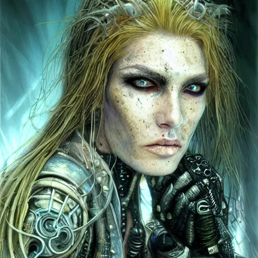 Prompt: an award finning closeup facial portrait by luis royo and john howe of a very beautiful and attractive female bohemian cyberpunk traveller aged 8 0 with green eyes and freckles in clothed in excessively fashionable cyberpunk gear and wearing ornate warpaint