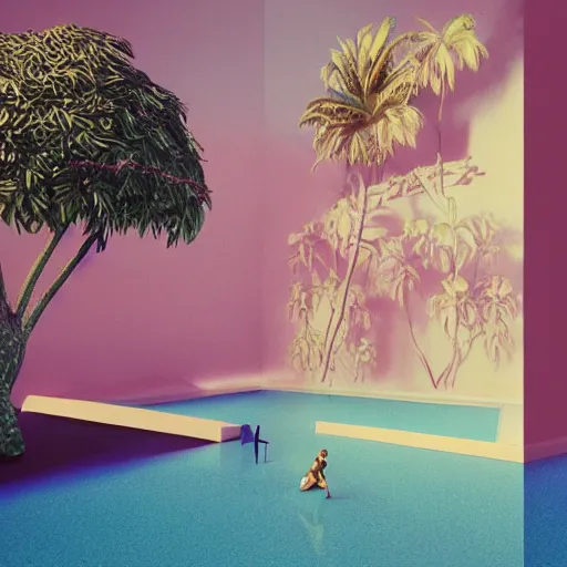 Image similar to hyperrealistic geometric objects in a surreal minimalistic 8 0's dreamscape environment by salvador dali, enormous emoji, highly detailed, 3 d render, octane, beautiful lighting, photorealistic, intricate, elegant, wayne barlowe, water, mirrors, pink doorway, beautiful, masterpiece, trending on artstation, palm tree