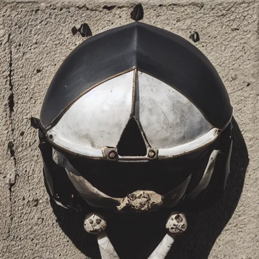 Image similar to symmetrical product photograph of a highly detailed ominous helmet made from fragmented bone and obsidian, damaged