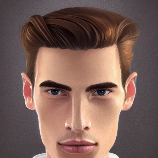 Image similar to tall man in his twenties with brown blond short quiff hair and thin slightly round facial structure with cleft chin, straight eyebrows and prominent nose, good definition of cheekbones, big hazel nut brown eyes, narrow face, slim body, atmospheric lighting, painted, intricate, 4 k, highly detailed by charlie bowater