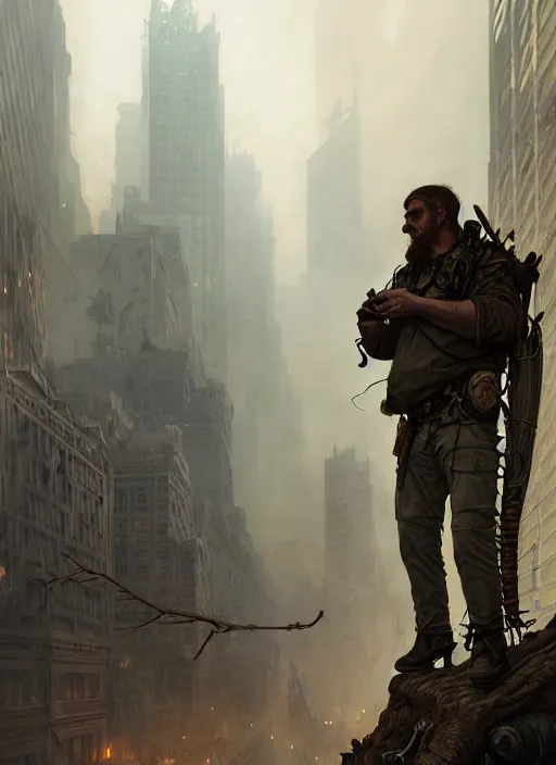 Prompt: a survivalist man, in postapocalypse city, diffuse lighting, fantasy, intricate, elegant, highly detailed, lifelike, photorealistic, digital painting, artstation, illustration, concept art, smooth, sharp focus, art by john collier and albert aublet and krenz cushart and alphonse mucha