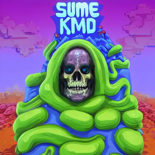 Image similar to slime lord king of the slime universe, skeleton, full body included, wide shot, 1 4 mm lens, f 2. 8, goopy, goop, fluids, soft tissue, subsurface scattering, reflections, ambient occlusion, raytracing, unreal engine 5, pixel art 8 - bit, by beeple