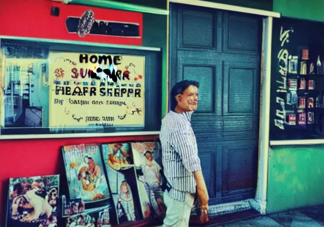 Image similar to home photography portrait, A shop keeper person of the SHOME, floor, signboards , poster ; summer, Color VHS picture quality with mixed noise