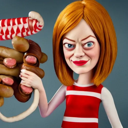 Image similar to hyperrealistic emma stone caricature surrounded by long fat frankfurter sausages by bob byerley and aardman animation, mascot, target reticles