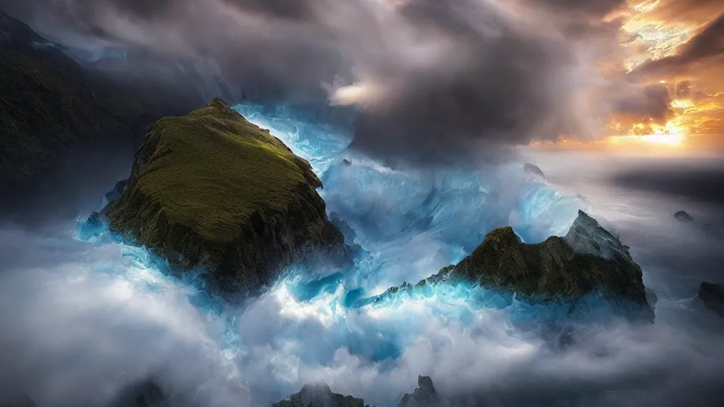 Image similar to amazing landscape photo of a tempest by marc adamus, beautiful dramatic lighting