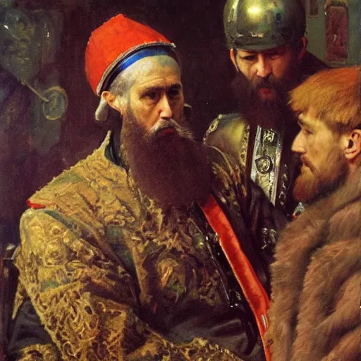 Image similar to portrait of Ivan the Terrible listening smartphone masterpiece painting by vasnetsov and surikov, JEAN-VICTOR BERTIN, by Terence Cuneo, detailed, artfully traced, 4k resolution, cinematic, dramatic