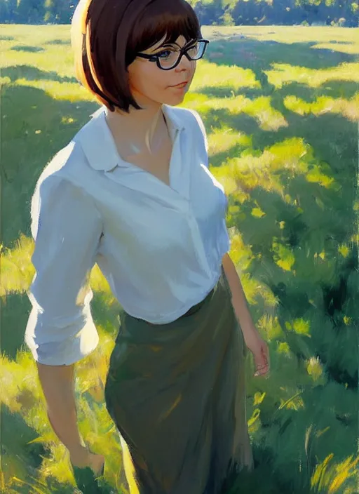 Image similar to Greg Manchess painting of grown-up Velma Dinkley, winged eyelashes, countryside, calm, fantasy character portrait, dark outlines, dynamic pose, above view, sunny day, artwork by Makoto Shinkai, very coherent asymmetrical artwork, sharp edges, perfect face, simple form, 100mm