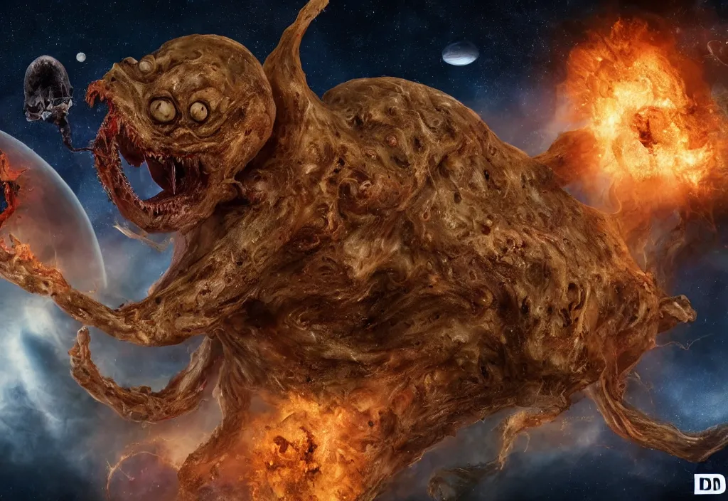 Image similar to eldritch horror bloody garfield in space, hd, 8 k, giant, epic, realistic photo, unreal engine, stars, prophecy, powerful, cinematic lighting, destroyed planet, debris, violent, sinister, ray tracing, dynamic, epic composition, dark, horrific, teeth, grotesque, monochrome drawing, hellscape, death, corpses, foreboding