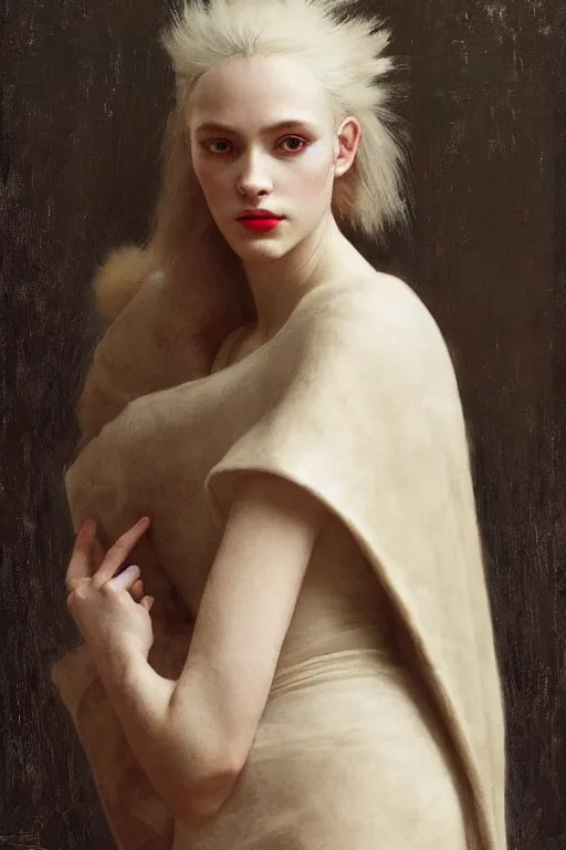 Image similar to portrait of a warrior, amazon, slav, very beautiful face, pleasant facial features, red lips, long snow - white hair, black closed velvet dress, leather armor, iron armor, white boots, fur, clothes alexander mcqueen very beautiful style, photorealism, bouguereau, edgard maxence