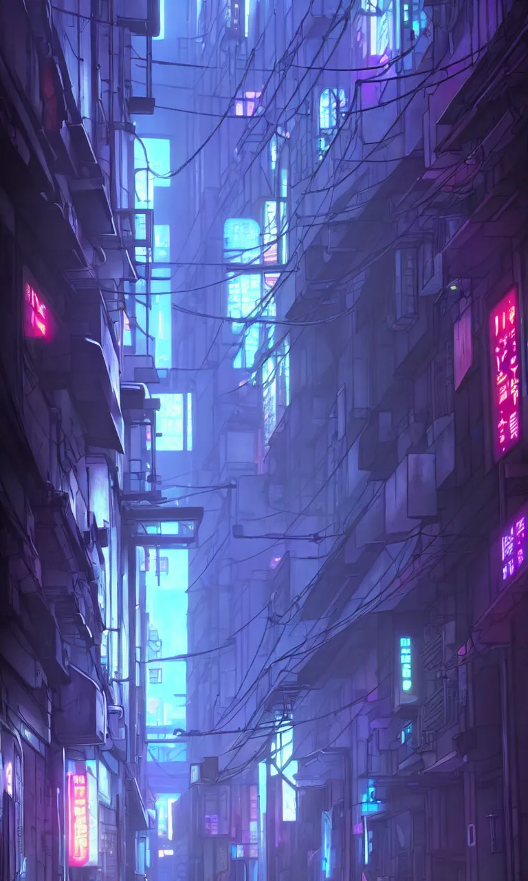 Image similar to city alleyway in the atmospheric cyberpunk anime film, gouache matte background painting, neon noir, at night with lights, by makoto shinkai, in the anime series ergo proxy, beautiful specular edge highlights and rim lighting