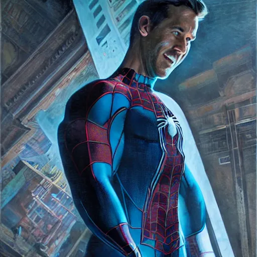 Image similar to ryan reynolds as spider - man, wearing a black and blue suit, cinematic, volumetric lighting, f 8 aperture, cinematic eastman 5 3 8 4 film, photorealistic by greg rutkowski, by stanley artgerm, by alphonse mucha