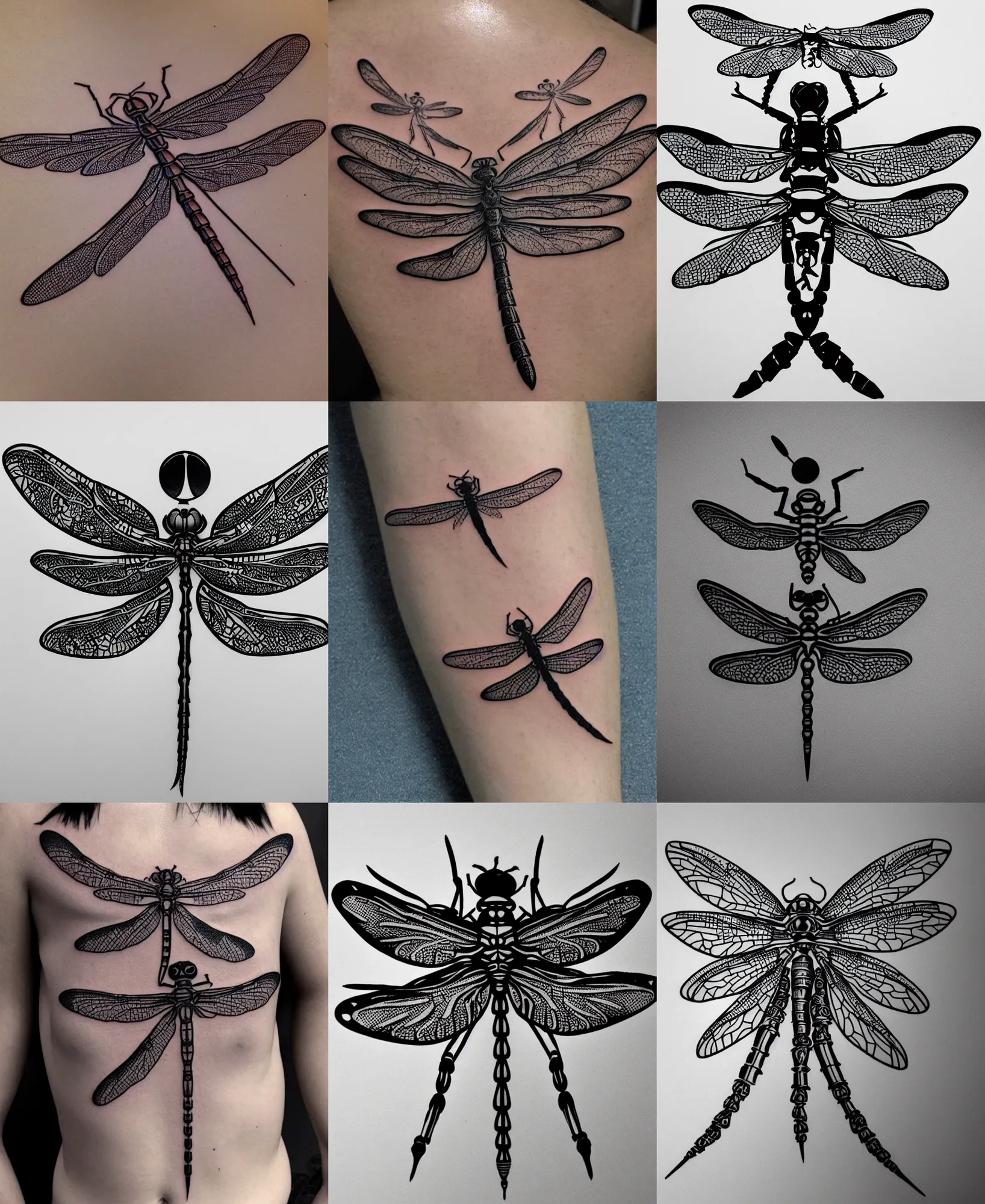 Prompt: 3 d robotic detailed dragonfly tattoo stencil