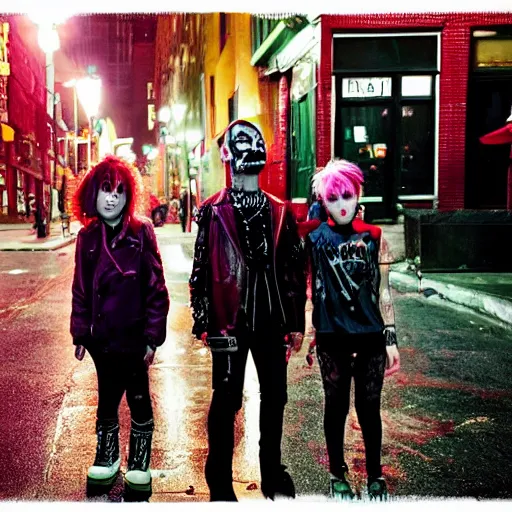 Image similar to flash portrait photography of punk and goth kids on the lower east side by annie leibowitz, colorful nighttime, raining!