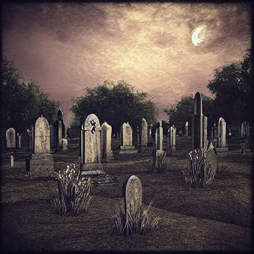 Image similar to “a ((gothic)) graveyard at night, 3D render”